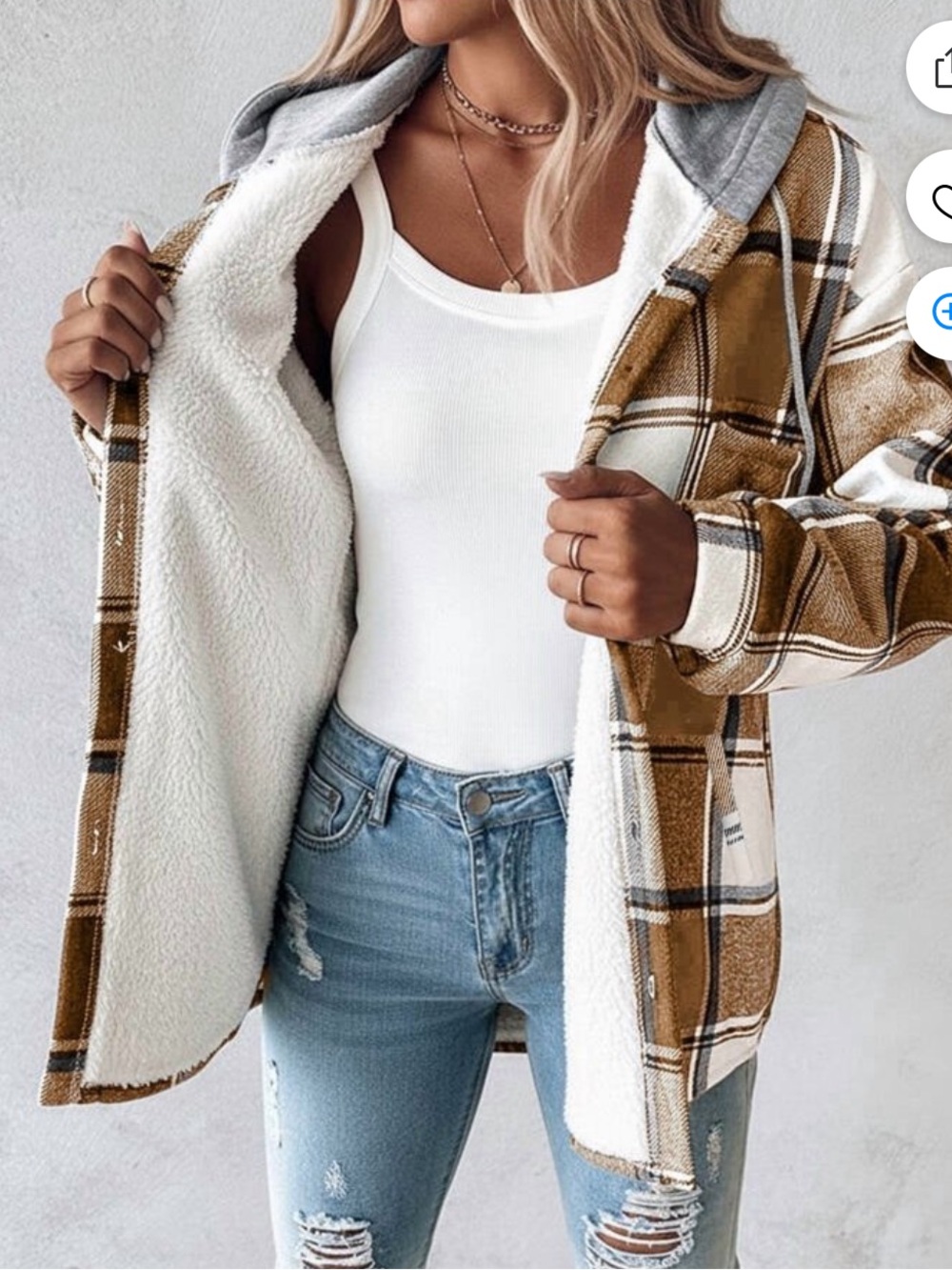 Chicme NWOT L Gray white tan hooded Plaid Sherpa-Lined Shacket Jacket